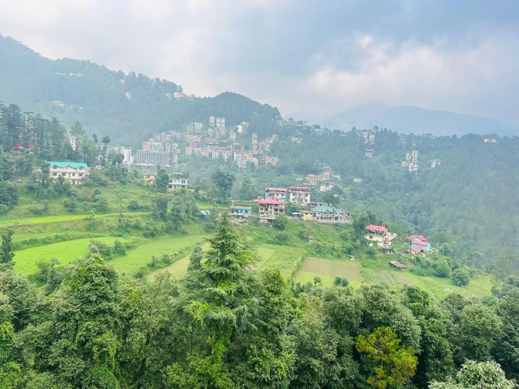 西姆拉The Asha Residency - Majestic Mountain View , Shimla的山丘上的城镇,有树木和建筑