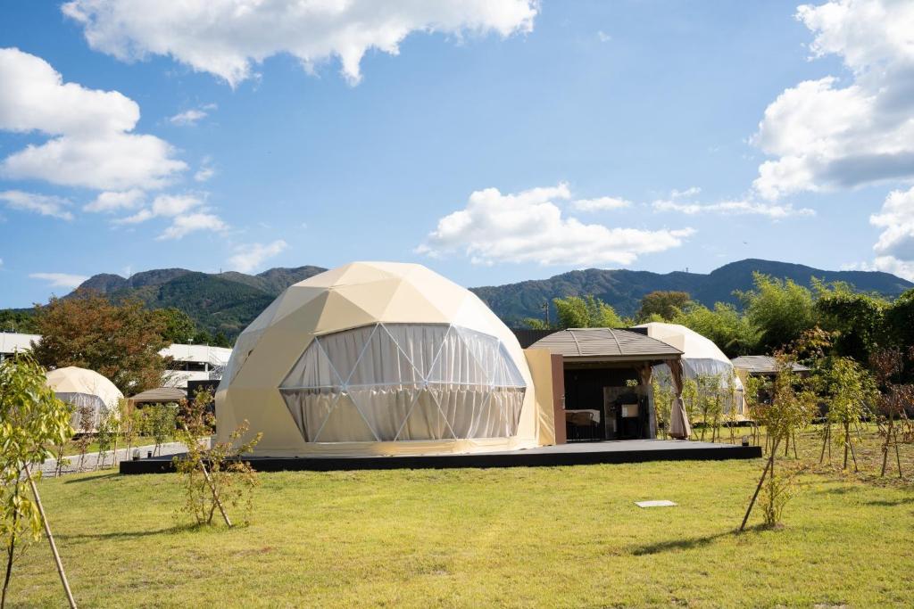 御殿场市Relam Glamping Resort Gotemba - Vacation STAY 97812v的树木繁茂的田野上的大型圆顶帐篷