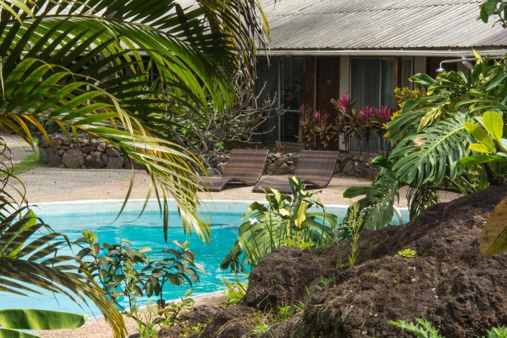 安加罗阿Hotel Hotu Matua的植物屋前的游泳池