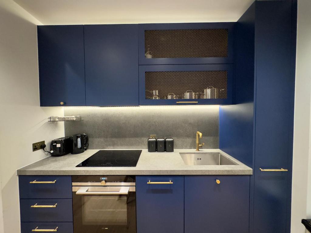 伦敦Amazing Cosy Apartment, Next to O2 Arena and close to London Excel, Secure Parking的厨房配有蓝色橱柜和水槽