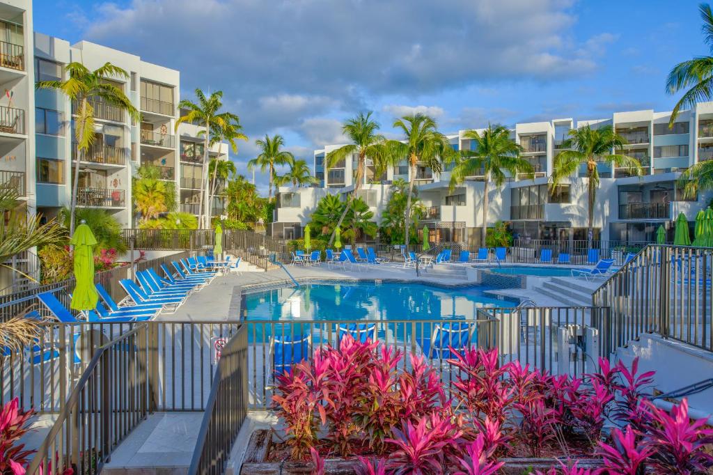 基拉戈2BR in Key largo w pool and sunset views的一个带椅子和棕榈树的度假游泳池