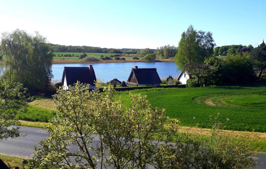 Hohen SprenzFerienwohnung am Papensee的享有湖泊和一组房屋的景色