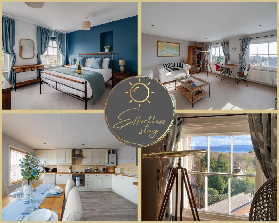 利明顿Leeward House - Luxury, Spacious, Sea View Apartment, Parking, Central Lymington的卧室和客厅的照片拼合在一起