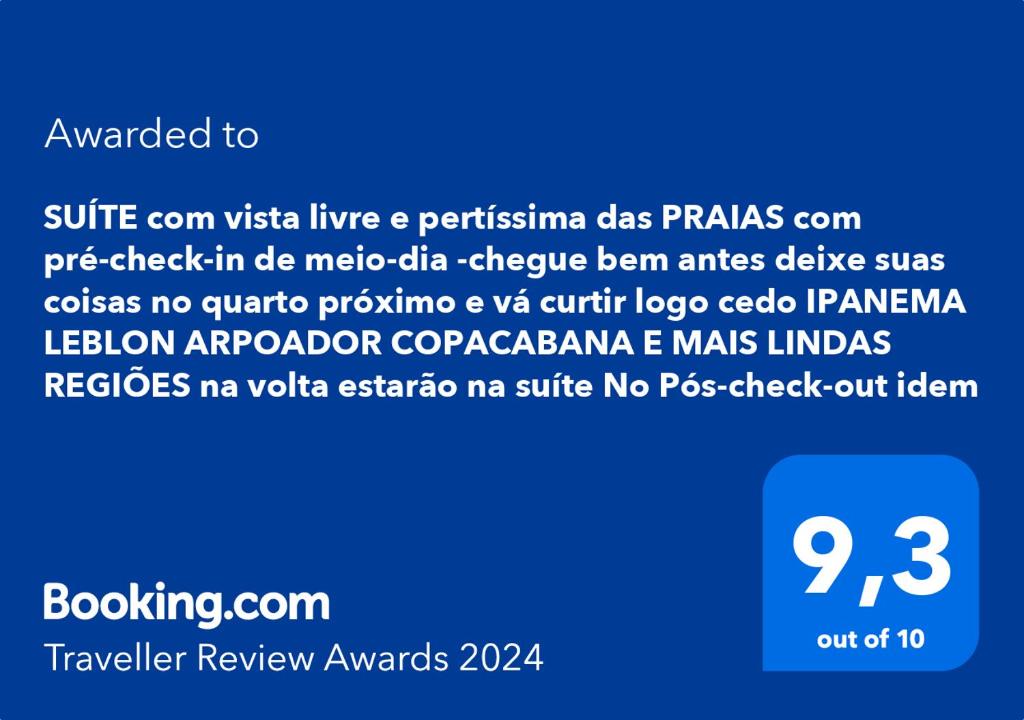 里约热内卢SUÍTE vista livre e pertíssima das PRAIAS IPANEMA LEBLON ARPOADOR COPACABANA e do CRISTO REDENTOR e do BONDINHO PÃO DE AÇUCAR etc com Pré Check In antes do meio-dia chegue cedo e deixe suas coisas no quarto ao lado e vá curtir logo cedo Pós Check Out idem的手机的带文本盒的截图