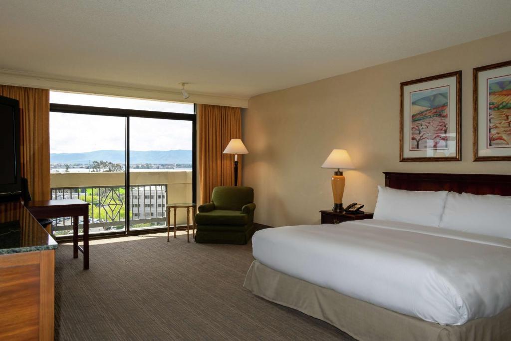 圣何塞圣荷西希尔顿逸林酒店的酒店客房设有一张床和一个大窗户