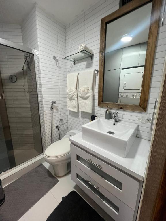 加拉加斯Lomas de las Mercedes的一间带水槽、卫生间和镜子的浴室