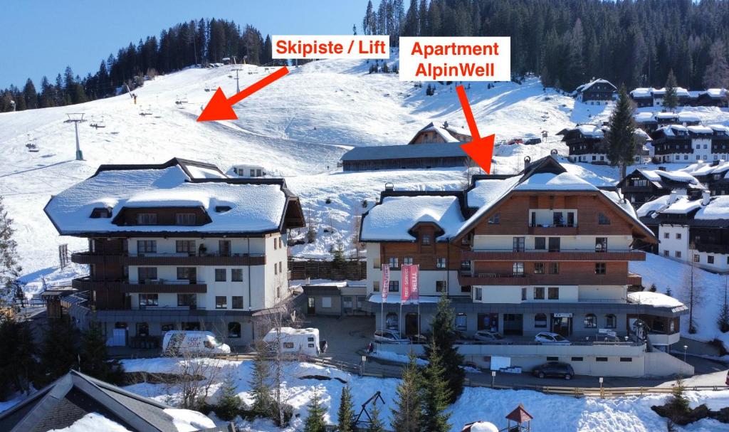 黑马戈尔Sonnleitn AlpinWell Appartment (Ski in&out + Wellness)的雪中酒店的景色,两箭