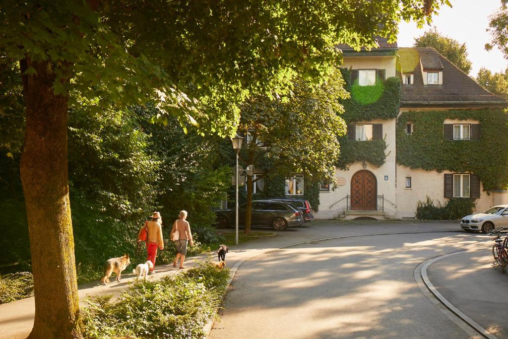 慕尼黑Gästehaus Englischer Garten的两个人在街上走两只狗