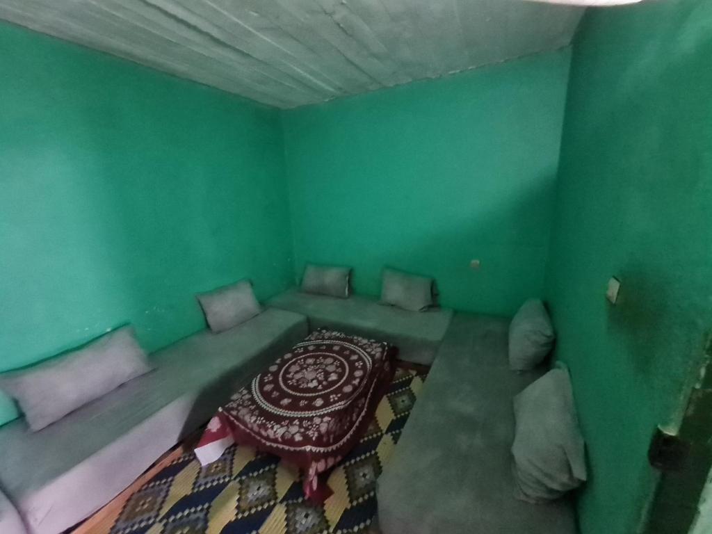 塔扎Gite Ain Bechar的绿色客房内的一张床