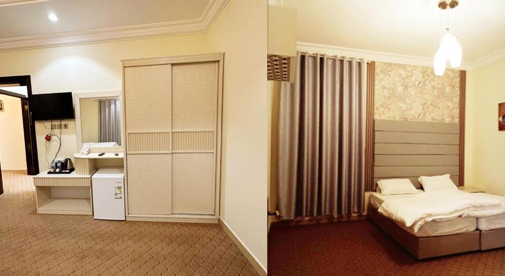 麦地那Al Asar almasi Suite Apartments的酒店客房设有床和水槽