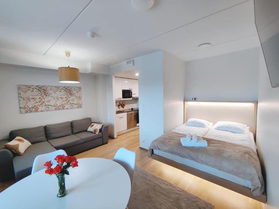 万塔Modern Studio in Prime Location的一间卧室和一间带床和沙发的客厅