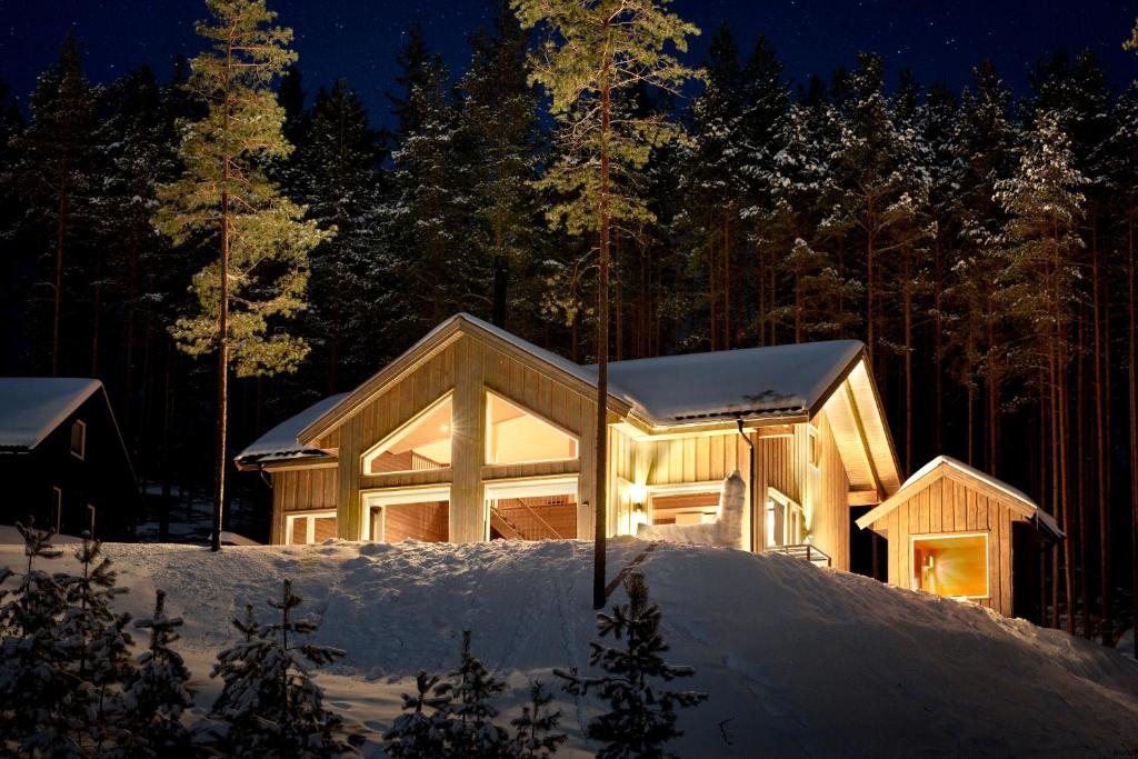 弗罗达尔Moderne hytte met eindeloos uitzicht en een sauna的雪中木屋