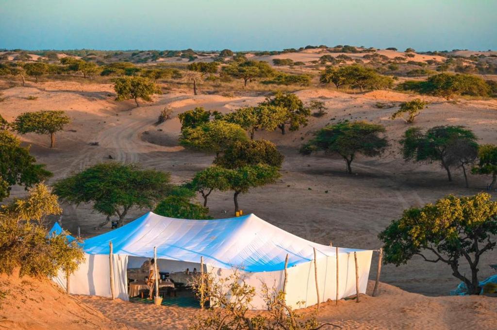 LompoulCamp Rêve de Nomade的沙漠中的一个蓝白色帐篷