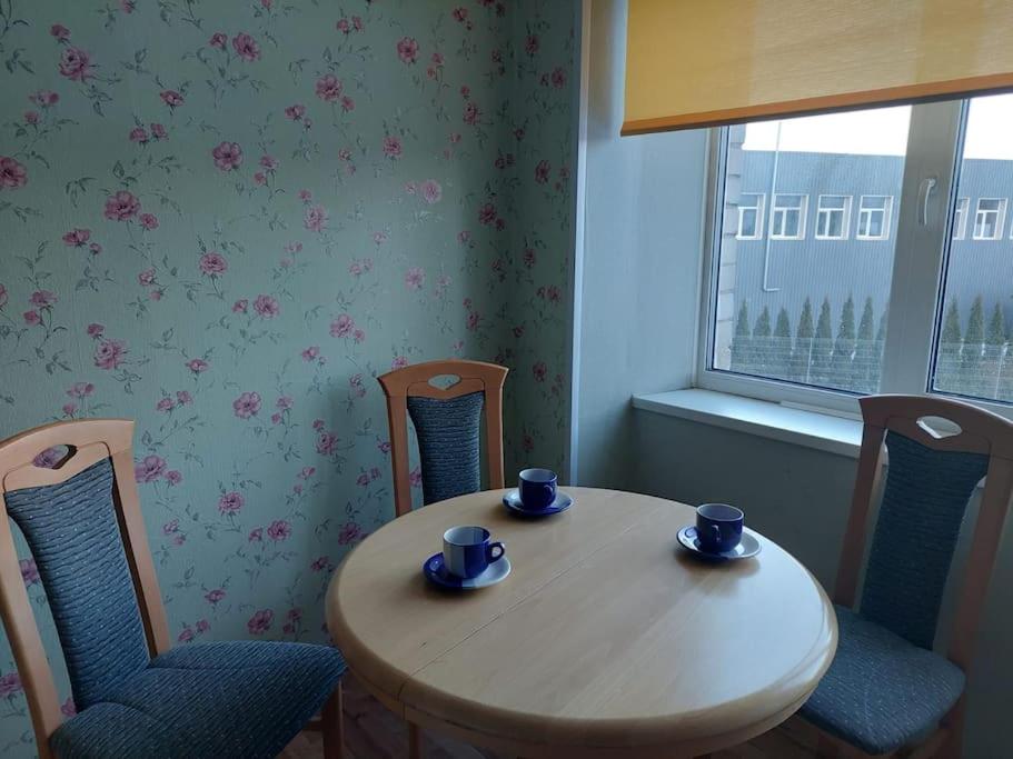 奥格雷Apartamenti dzīvoklis Ogre.的桌子和椅子,上面有杯子和碟子