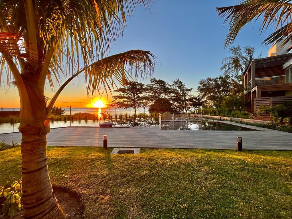 潘托皮芒A Beachfront Haven - Ocean Point B2的庭院里的棕榈树,背景是日落