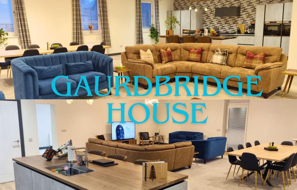 BalmulloGuardbridge House, Spacious Inside and Out, Golfer and Groups Favourite, 5 Beds, 2 Superking en suites, 3 Kingsize rooms, Bathroom & WC, Fully Equipped Kitchen, FREE Parking for 4 Large Vehicles, 10 mins to St Andrews, 15 mins to Dundee, BBQ的带沙发和桌子的客厅