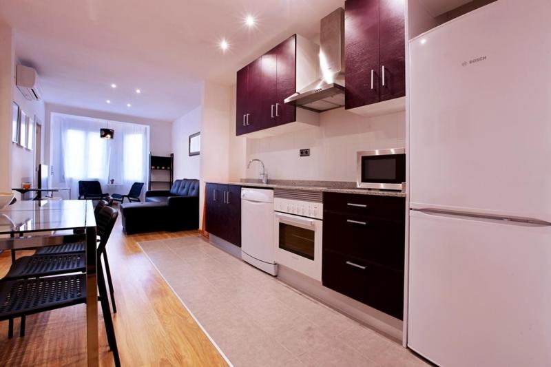 巴塞罗那豪华公园和海滩公寓的厨房配有白色冰箱和桌子