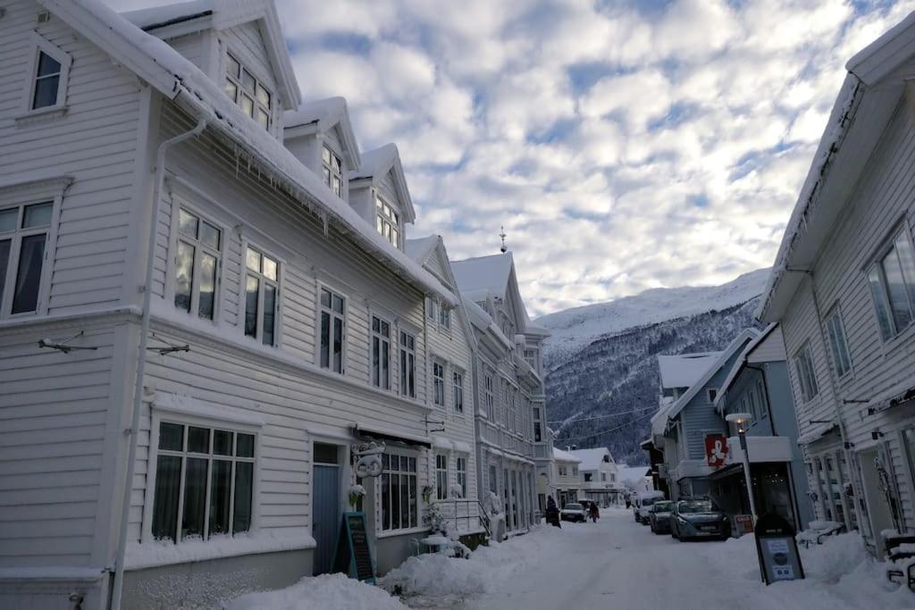 努尔菲尤尔埃德Sjarmerande hus i Eidsgata的一座白雪 ⁇ 的街道,在一座有建筑和山脉的小镇上