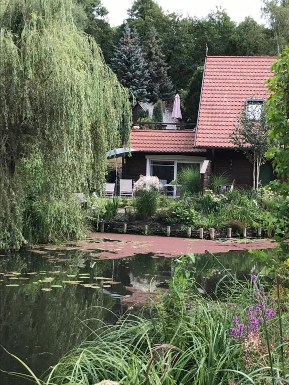 布尔格Ferienwohnungen direkt am Wasser的前面有池塘的房子