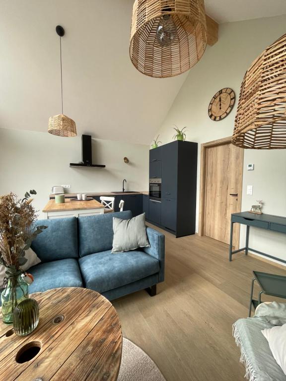 西内La Grange d'Haversin的客厅配有蓝色的沙发和桌子