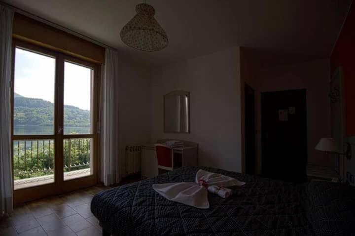 佩尔吉内瓦尔苏加纳Albergo Mezzolago的一间卧室设有一张床和一个大窗户