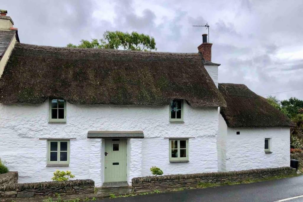 波特斯卡托Cosy thatched Cottage sleeps 6 near Portscatho!的白色小屋 - 带茅草屋顶