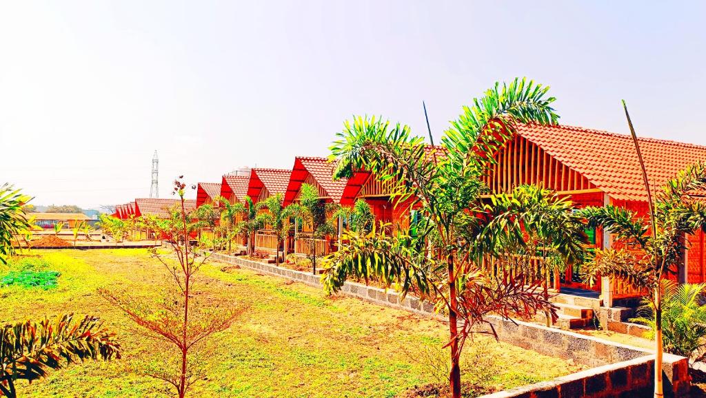 亨比Osho's Organic Resort Hampi的树木繁茂的田野里一排红房子