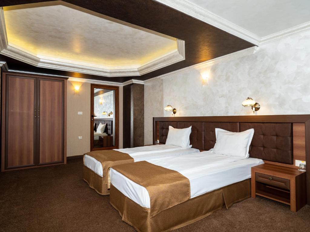 Pernik埃立特酒店的一间酒店客房,房间内设有两张床