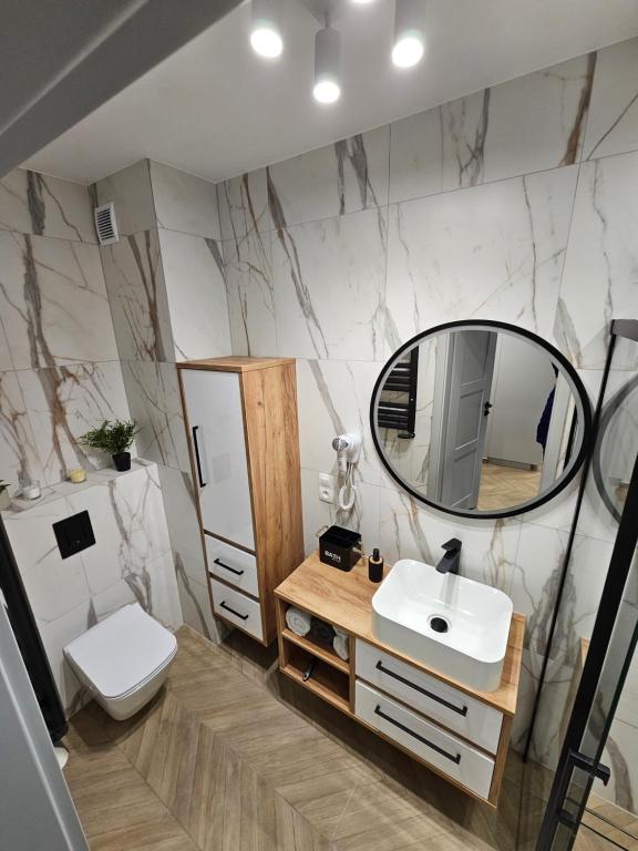 皮拉Apartament Konstancji的一间带水槽和镜子的浴室