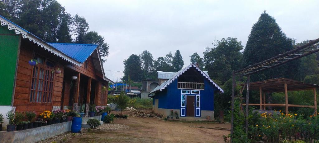 Bijanbāri BāzārMegitar moonstar Homestay的村子中间的蓝色房子