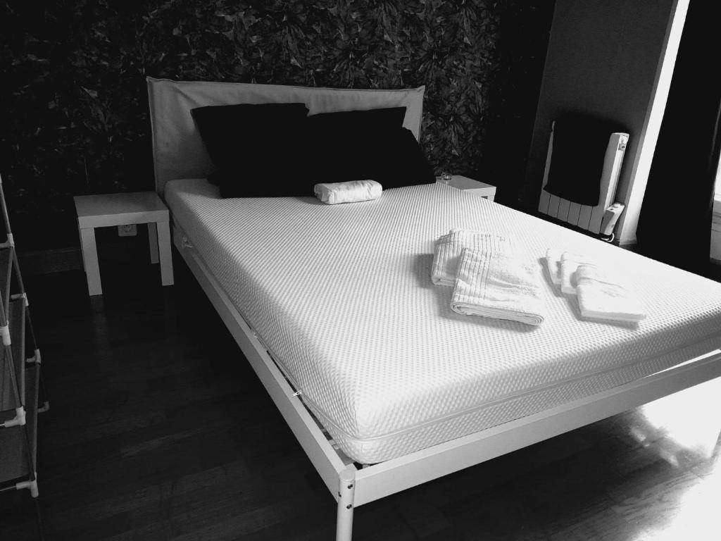 Le RaincyBelle Paris的一张黑白相间的一张床上照片
