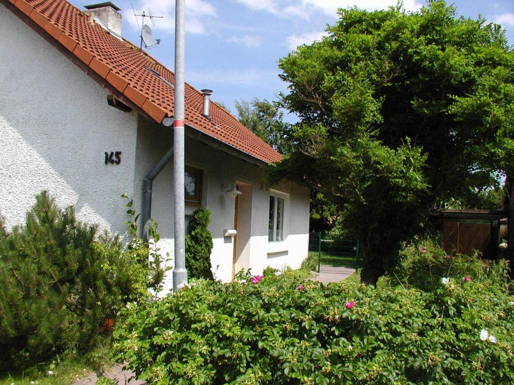 霍克西尔Haus Deichblick 1的白色的房子,有红色的屋顶和灌木丛