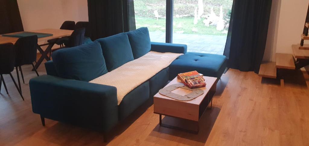 西恩纳Willa ViWaldi Janowa Góra的客厅配有蓝色的沙发和桌子