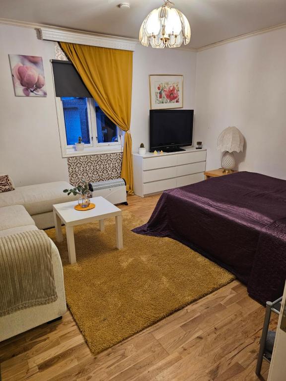 萨维兰德Guesthouse Karmøy的一间卧室配有一张床、一张沙发和一台电视。