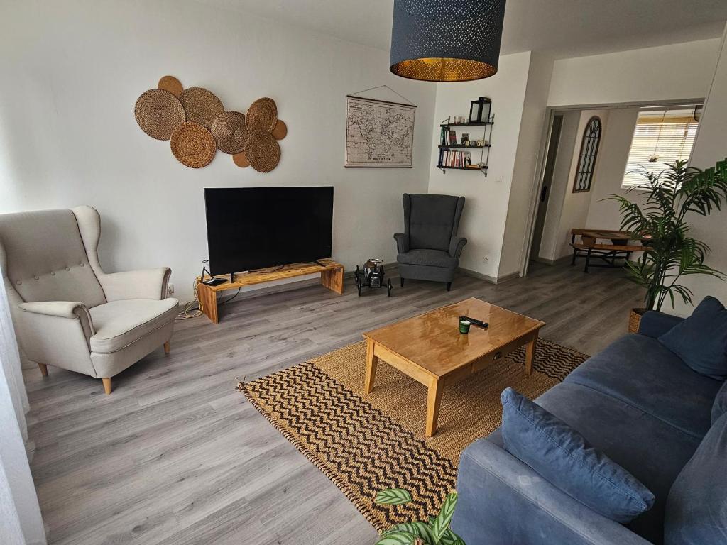 圣艾蒂安Le Regent City of Design的客厅配有电视、沙发和桌子