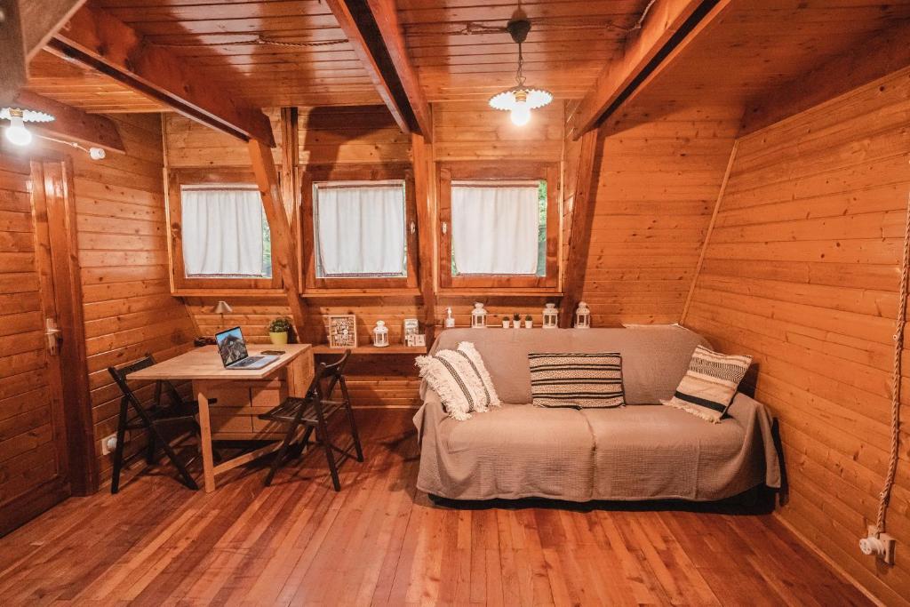 尼科洛西Matilde's Chalet Etna Nature House的小屋内带一张床和一张书桌的房间