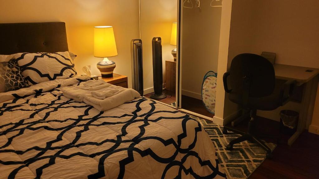 温尼伯Two luxury bedrooms in the basement的一间卧室配有一张床、一把椅子和镜子