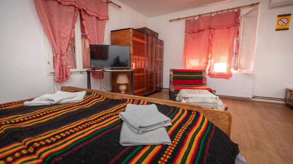 克拉多沃Etno Apartmani ''Vlaška kuća''的一间卧室配有一张带彩色毯子的床