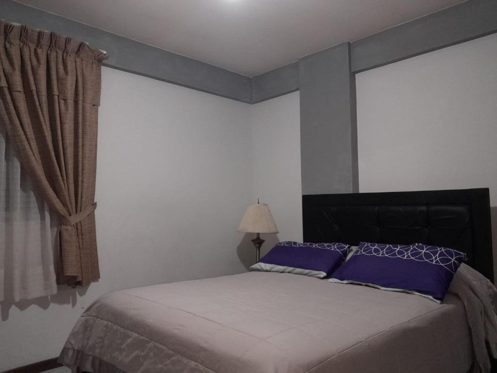 科恰班巴DEPARTAMENTO COMODO DUPLEX Zona Norte的一间卧室配有一张带蓝色枕头的床和一扇窗户。