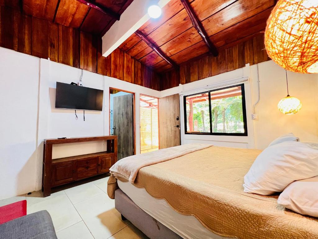 ParaísoPerro Loco Villas的一间卧室配有一张床和一台平面电视