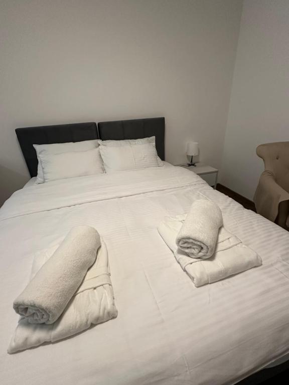 巴尼亚科维利亚查Vila Drina Apartments的一张白色的大床,带两条毛巾