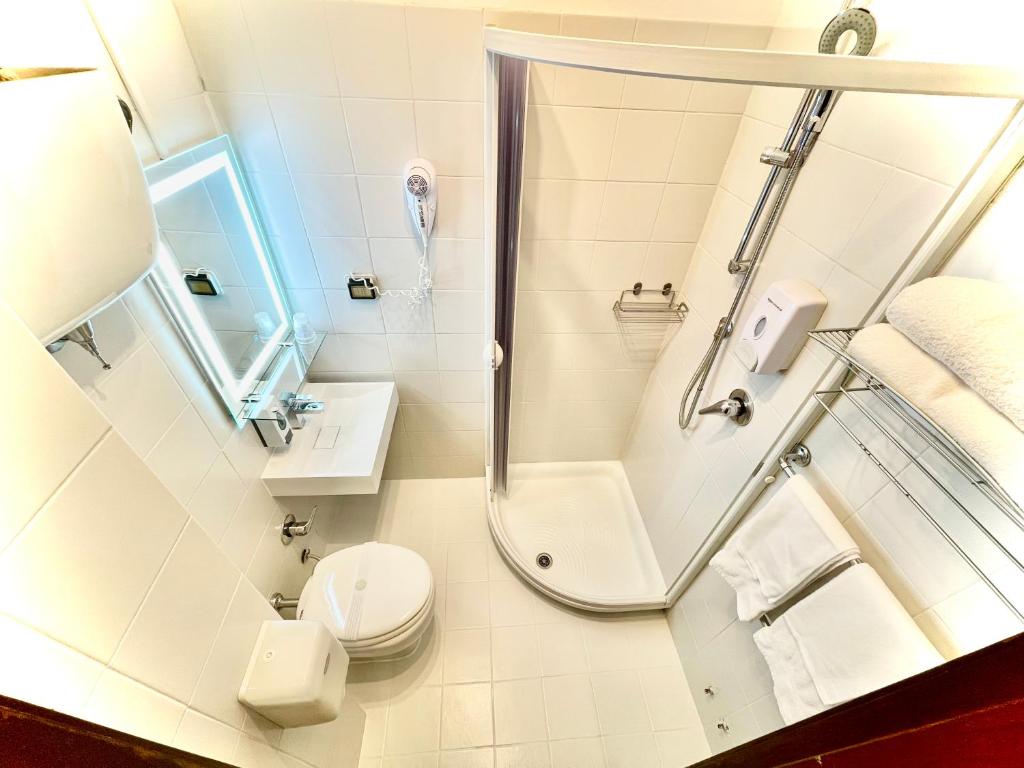 佩鲁贾圣埃尔科雷诺酒店的带淋浴和卫生间的浴室