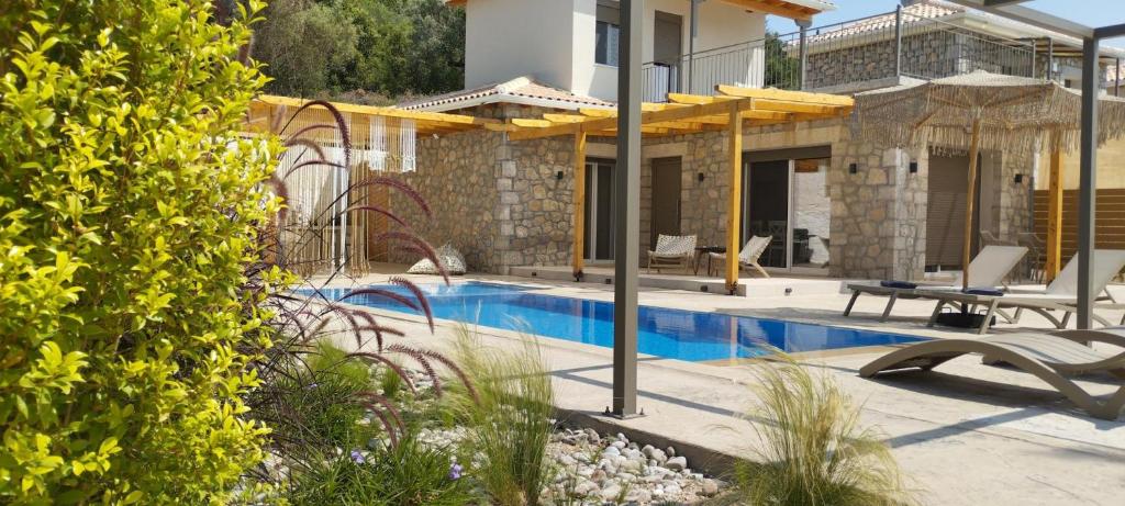 卡拉米锡Zephyros Villas - Agios Nikitas的一座带游泳池和房子的别墅
