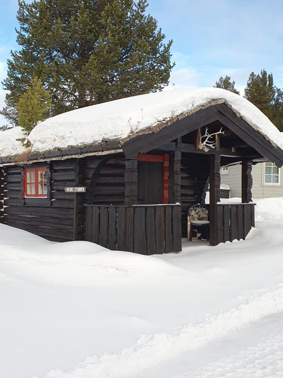MysusæterBjørgebu Camping AS的小木屋,设有雪盖屋顶