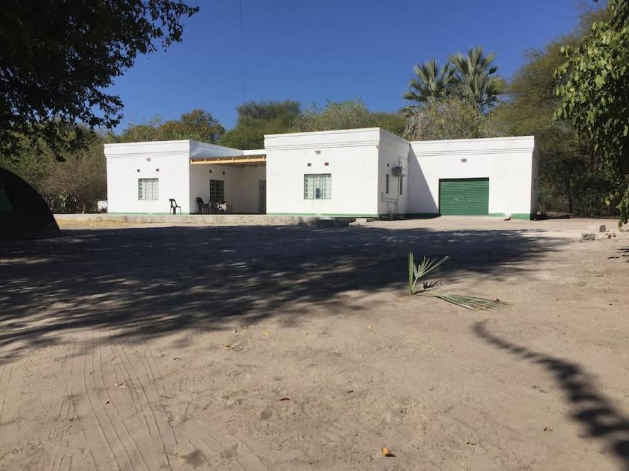 马翁Jacobsen Bungalow in Maun, Boronyane的一座白色的建筑,在院子里设有绿门