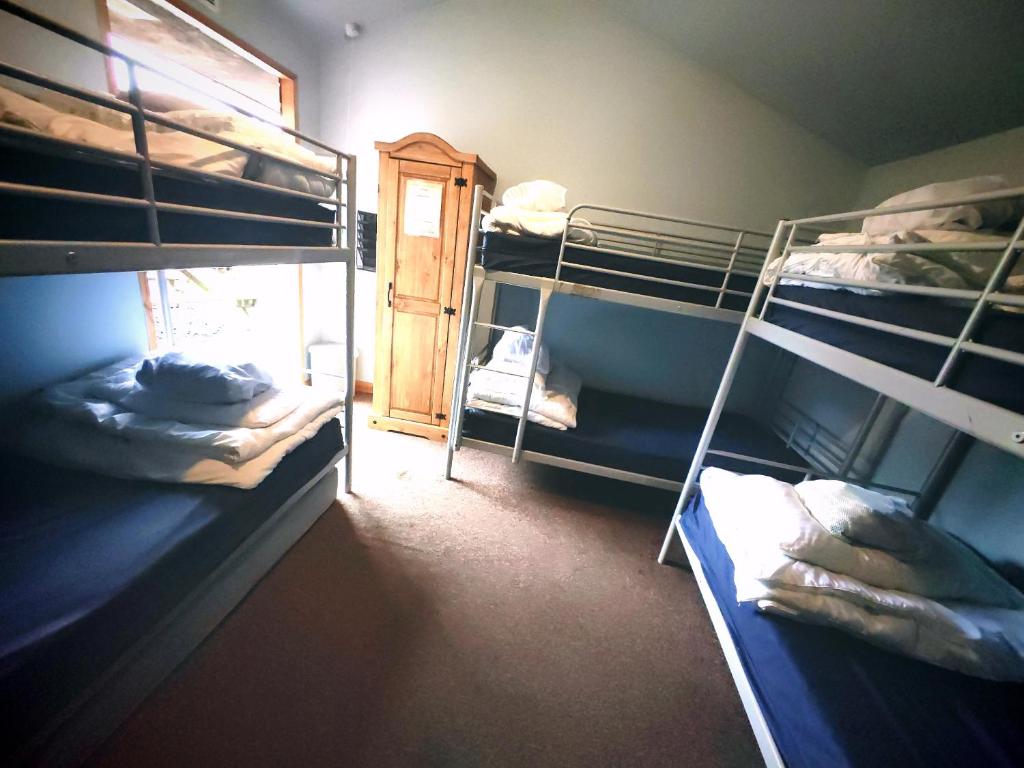 多尔盖罗Private Room at Torrent Walk Bunkhouse in Snowdonia的客房设有三张双层床和一扇窗户。