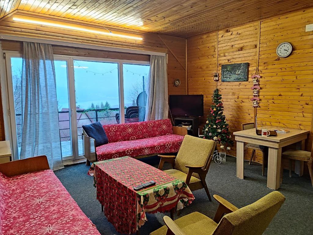 马夫罗沃Mountain Lodge - Mavrovo的客厅配有圣诞树和沙发