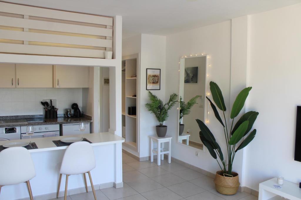 科拉雷侯Pachi Beach Atlantic Garden Corralejo的厨房以及带白色橱柜和植物的客厅。