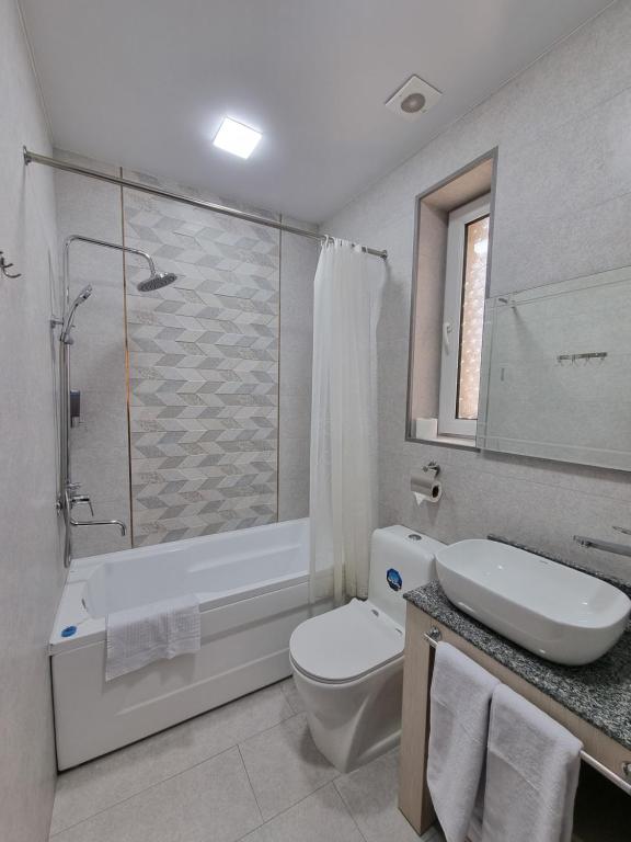 布哈拉Devon Begi Heritage Hotel的浴室配有卫生间、盥洗盆和淋浴。