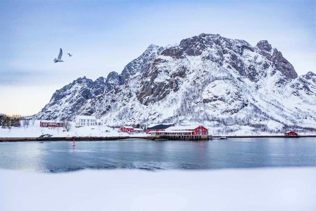 卡伯尔沃格Kalle i Lofoten的积雪覆盖的山,在水体前